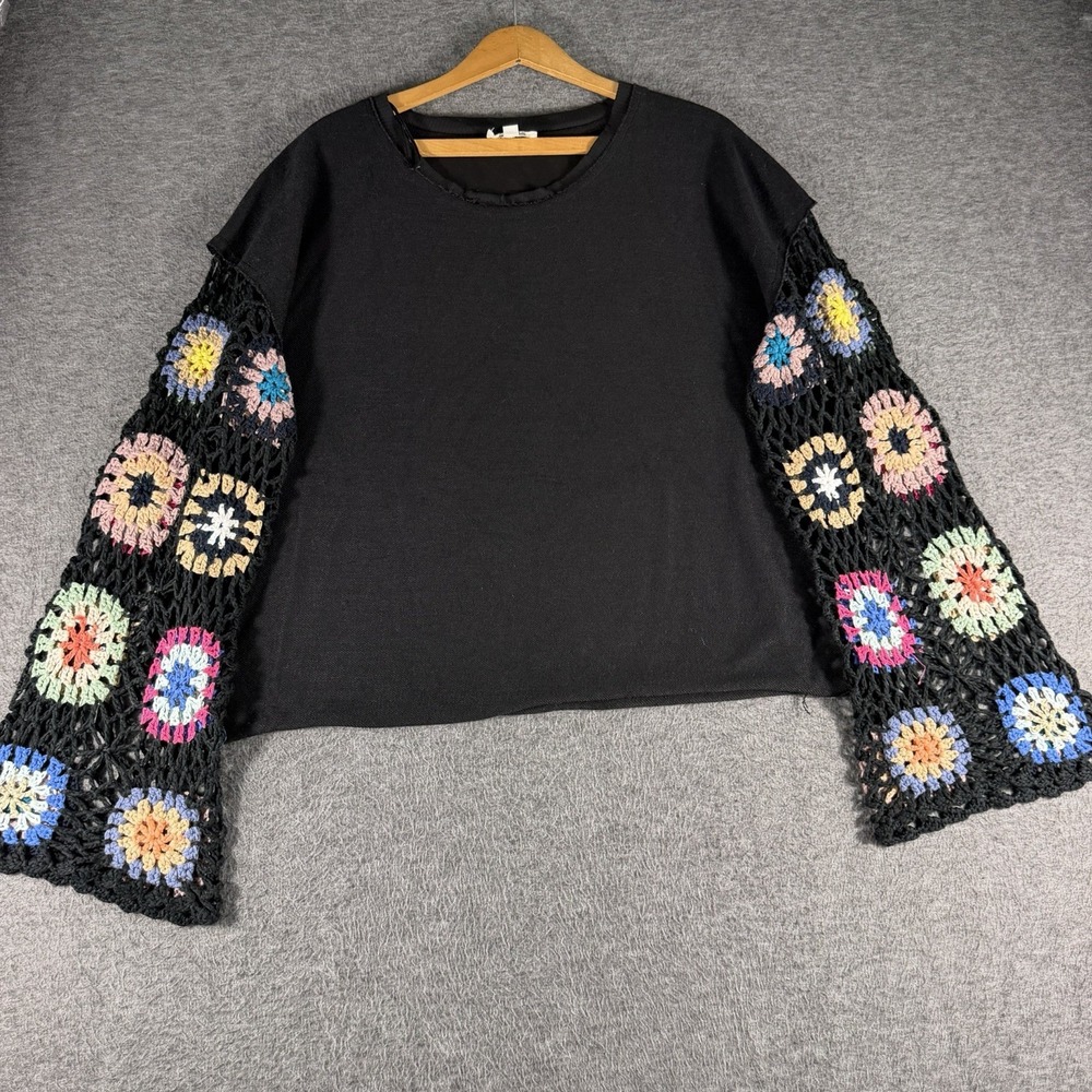 Umgee Women's Black Top GRANNY SQUARE Crochet Sleeve Boho Festival Size L